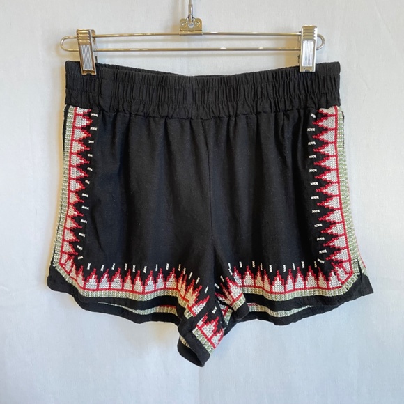 CALI 1850 Women's Size XS Black Linen Shorts White Green Red Embroidered Trim - Picture 5 of 5